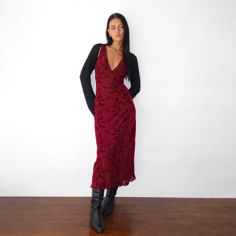 Eva Dress In Botanical Flower Maroon